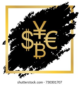 Currency sign collection dollar, euro, bitcoin, yen. Vector. Golden icon at black spot inside golden frame on white background.