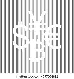 Currency sign collection dollar, euro, bitcoin, yen. Vector. White icon on grayish striped background. Optical illusion.
