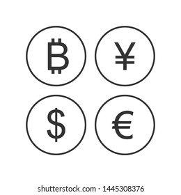 Currency sign euro, dollar, bitcoin, yen icons isolated on a white background. EUR USD BTC JPY currency abbreviation vector illustration. Money cash sign set