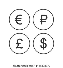 Currency sign, euro, ruble, dollar, pound sterling libra icons isolated on a white background. EUR RUB USD GBP currency abbreviation vector illustration. Money cash sign set