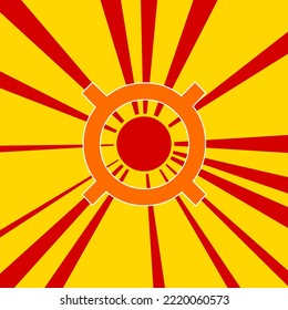 Señal de moneda en un fondo de líneas radiales de explosión de flash rojo. El gran símbolo naranja se encuentra en el centro del sol, simbolizando la salida del sol. Ilustración del vector sobre fondo amarillo