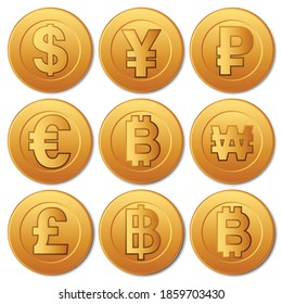 Currency sign on Golden coin.Graphic vector 