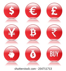 Currency Sign Red Vector Button Icon Design Set