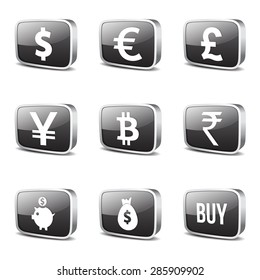 Currency Sign Square Vector Black Button Icon Design Set