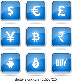 Currency Sign Square Vector Blue Icon Design Set