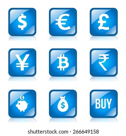 Currency Sign Square Vector Blue Icon Design Set