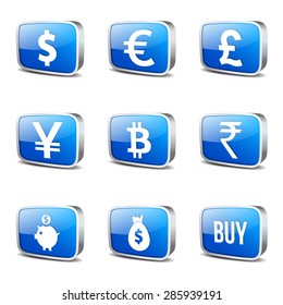 Currency Sign Square Vector Blue Icon Design Set