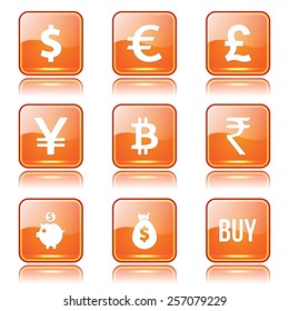 Currency Sign Square Vector Orange Icon Design Set