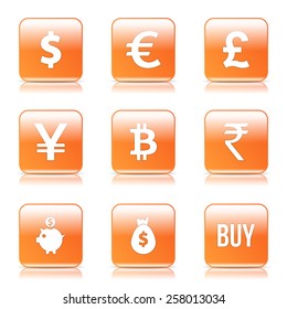 Currency Sign Square Vector Orange Icon Design Set