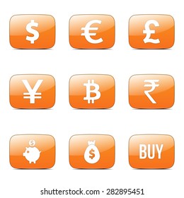 Currency Sign Square Vector Orange Icon Design Set