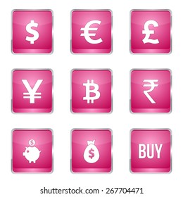 Currency Sign Square Vector Pink Icon Design Set