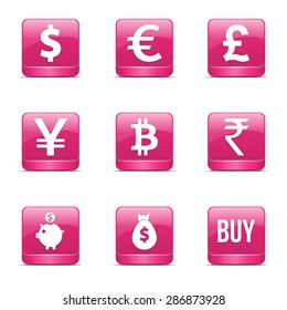 Currency Sign Square Vector Pink Icon Design Set