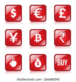 Currency Sign Square Vector Red Icon Design Set