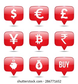 Currency Sign Square Vector Red Icon Design Set