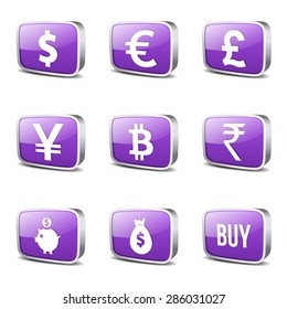 Currency Sign Square Vector Violet Icon Design Set