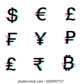 Currency sign vector icons set. Money currency icons in glitch style