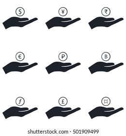 Currency sign vector icons set. Money currency in hand long shadow icons.