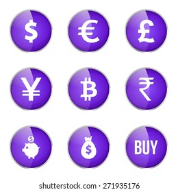 Currency Sign Violet Vector Button Icon Design Set