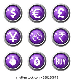 Currency Sign Violet Vector Button Icon Design Set