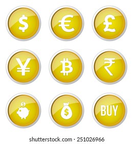 Currency Sign Yellow Vector Button Icon Design Set