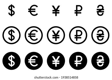 Currency signs of different countries. Set of vector currency symbols.