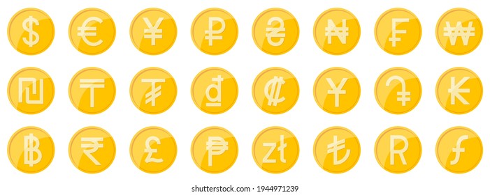 Currency signs of different countries. Set of golden coins. World currency coins. Vector illustration.