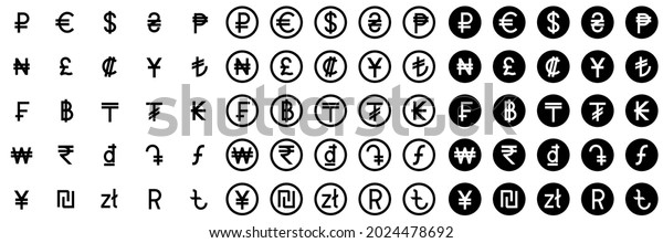 Currency signs of different countries. Set\
of black currency symbols. Vector\
illustration.