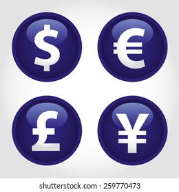 The currency signs of Dollar, Euro, Pound and Yen. Blue Badge, Label or Sticker on the white background.