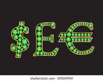 Currency signs, Dollar, Pound Sterling and Euro in stunning Peridot precious round jewels set into a 2-level gold gradient channel setting, isolated on black. Vector EPS-10 file, transparency used. 