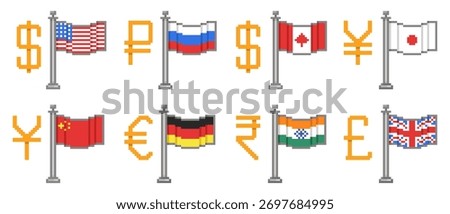 Currency signs and flags. Countries monetary units, 8 bit pixel icons, dollar, ruble, euro and yuan, global money symbols, America, Russia and Japan, financial emblem qualitative vector isolated set