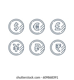 Currency signs, money exchange, US dollar, euro, British pound, Japan yen, Russian ruble coins, vector line icons