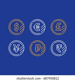 Currency signs, money exchange, US dollar, euro, British pound, Japan yen, Russian ruble coins, vector line icons