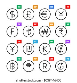 Currency signs. Money vector icons: US Dollar, UK Pound, Euro, Japanese Yen, Swiss Franc, Turkish Lira, South Korean Won, Indian Rupee, Chinese Yuan, Israel Sheqel, Kip, Colon, Baht, Peso, Rand, Colon