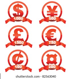 Currency signs red set of with cool ribbon and place for your price