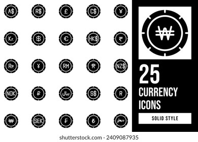 Currency Solid Icon Set. Containing signs, value, wealth, exchange, investment, real, economy, banking, currency, dollar, payment, round, finance, money, canadian, cash, british, won, pound, coin.