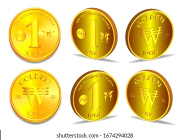 Currency of South Korea. 1 oz. fine gold coin of won in several 3D projections with stylistic bird сranes EPS10