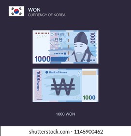 Currency of South Korea. Flat vector illustration of korean one thousand won. 