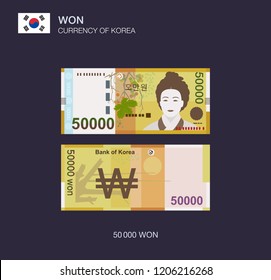 Currency of South Korea. Flat vector illustration of korean fifty thousand won.