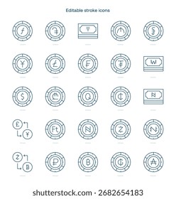 Icono de trazo de moneda. Conjunto de iconos de línea de moneda. paquete de iconos de trazo editable