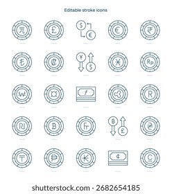 Icono de trazo de moneda. Conjunto de iconos de línea de moneda. paquete de iconos de trazo editable