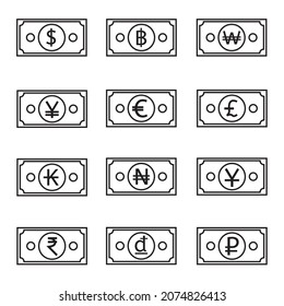 Juego de iconos de los billetes con símbolo de moneda.