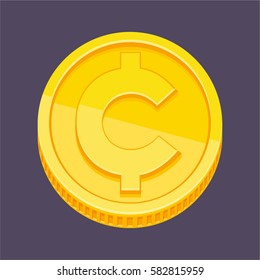 Currency symbol, Cent, centavo symbol on gold coin, money sign vector illustration