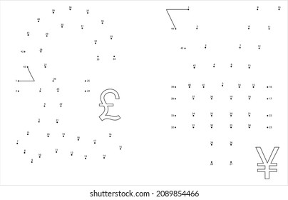 Símbolo De Moneda Conectar Los Puntos, Libra Y Yen, Dinares, Libras, Ilustración De Arte Vector, Juego De Rompecabezas Que Contiene Una Secuencia De Puntos Numerados