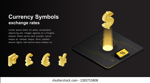 Currency Symbol and exchange rates of Dollar, Euro, Pounds, Japanese yen, Chinese yuan, Swiss franc Illustration web isometric