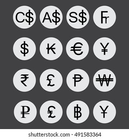 Currency symbol in flat icon on gray background