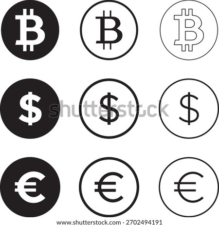 currency symbol icon set – bitcoin, dollar, euro icons. vector icons, vector illustration. editable file.