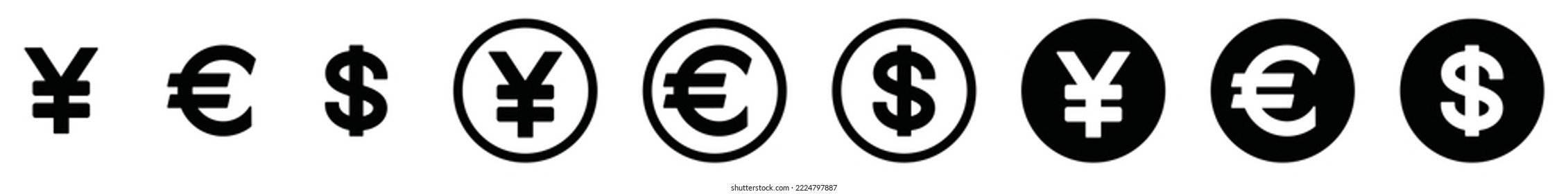 Currency symbol icon set. Money, dollar, euro, yen sign. Coins and money kind collection, vector illustration