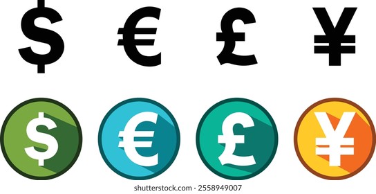 Currency symbol icon set. Money type icon set of currency icons. Symbol sign for dollar, euro, British pound and Chinese yuan. Different currencies vector icon.