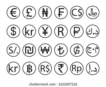 Currency symbol, icon set. Vector illustration, flat design.