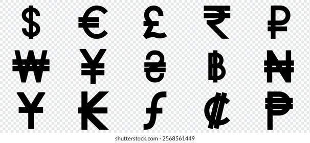 Currency symbol icons set. Dollar, Euro, Pound, Yuan and Bitcoin symbol sign. Collection of currency icons.